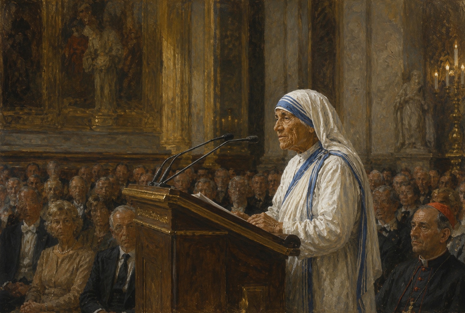 Una pequeña monja anciana con hábito religioso se dirige con humildad a un atril ante una audiencia formal en una sala elegante, con actitud sencilla a pesar de la grandiosidad del entorno, representado al estilo de una pintura académica realista devocional del siglo XX