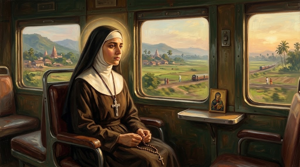 Una joven monja sentada junto a la ventana de un tren observa el paisaje indio con expresión contemplativa y conmovida, mientras la luz dorada entra por la ventanilla, representado al estilo de una pintura académica realista devocional del siglo XX