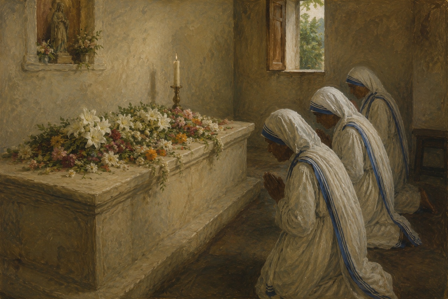El interior de una capilla sencilla con una tumba de piedra cubierta de flores frescas, mientras varias monjas con hábito rezan arrodilladas junto a ella, con luz natural entrando por una ventana, representado al estilo de una pintura académica realista devocional del siglo XX