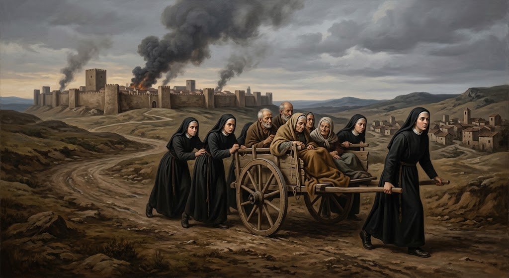 Un grupo de religiosas jóvenes trasladando a varios ancianos en una carreta de madera por un camino de tierra, huyendo de una ciudad amurallada en llamas al fondo
