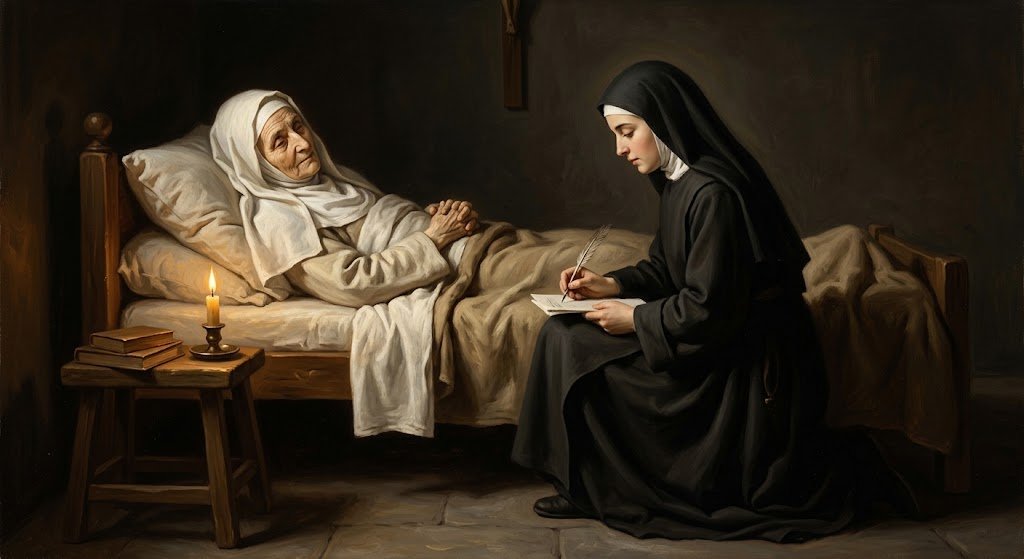 Santa Teresa Jornet, ya anciana, recostada en una cama sencilla, dictando sus últimas palabras a una religiosa joven arrodillada a su lado que escribe en un papel a la luz de una vela
