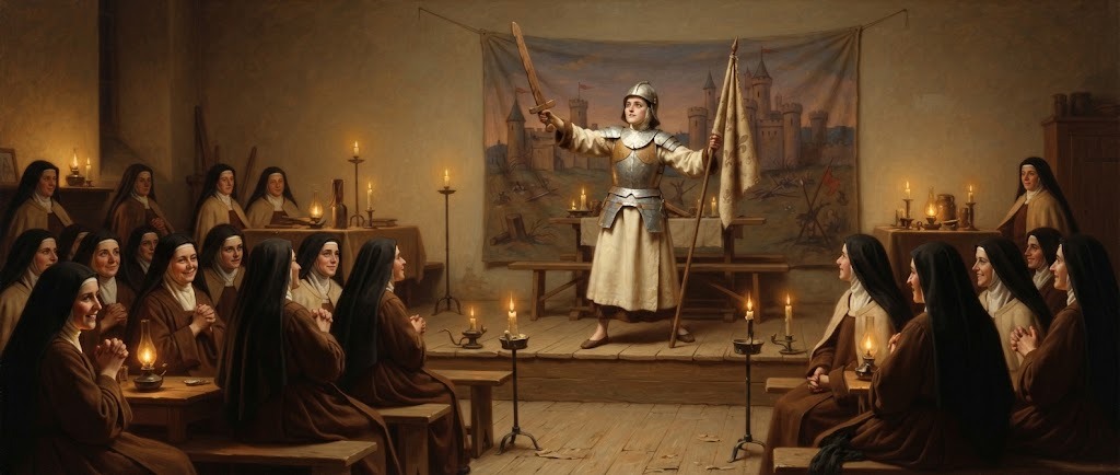 Teresa de Lisieux disfrazada de Juana de Arco, con armadura improvisada, representando una obra de teatro ante las demás monjas del convento