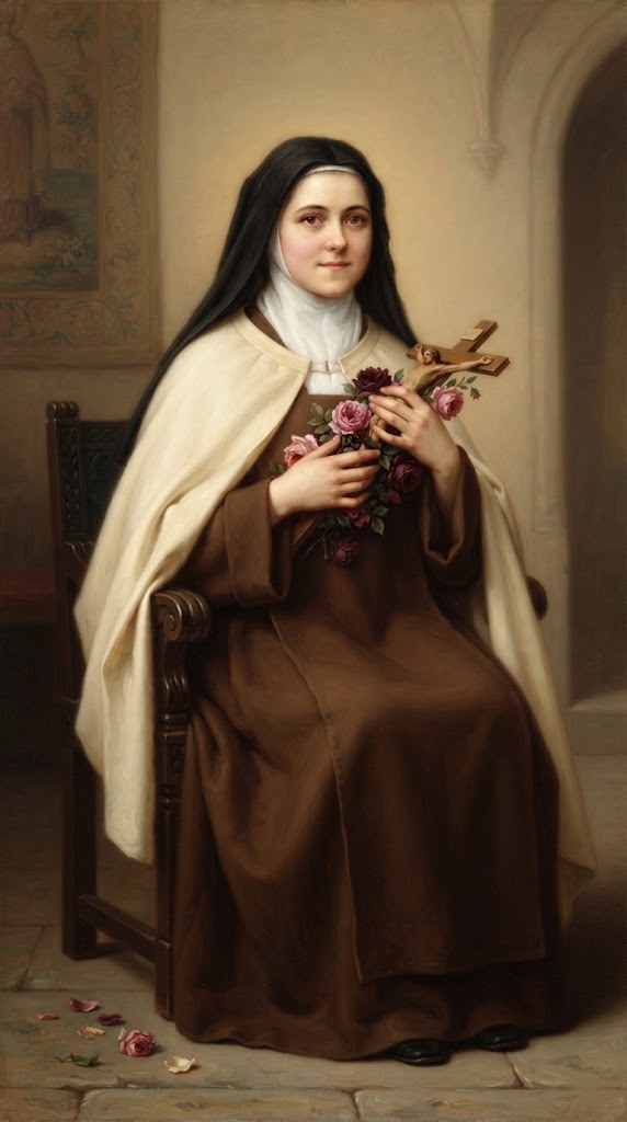 Santa Teresa de Lisieux, joven monja carmelita con hábito marrón, sosteniendo un crucifijo entre rosas
