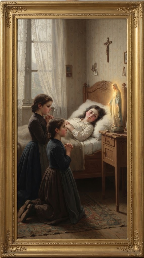 La pequeña Teresa enferma en su cama de niña, con sus hermanas rezando junto a ella ante una estatua de la Virgen que parece sonreír