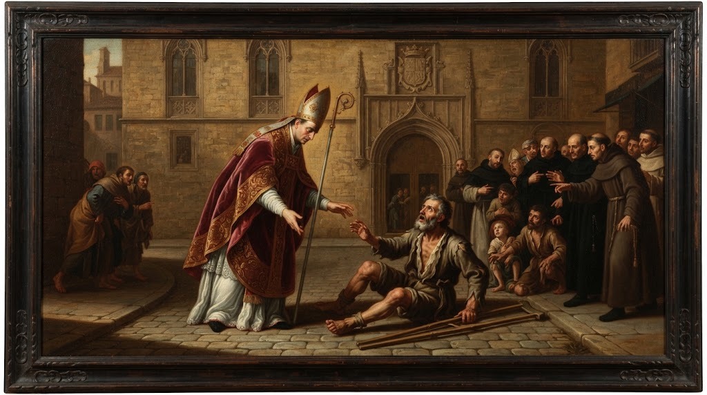 Santo Tomás de Villanueva cura a un mendigo paralítico en una calle de Valencia, ante un grupo de curiosos y frailes, en estilo de pintura española del siglo XIX