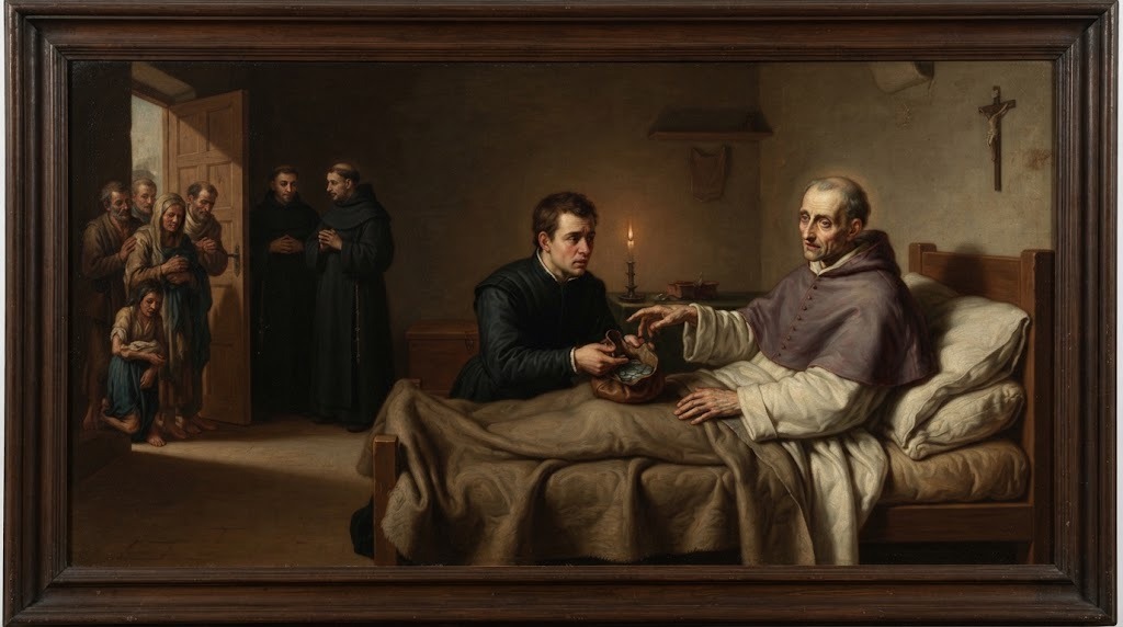 Santo Tomás de Villanueva, en su lecho de muerte, entrega sus últimas monedas a un administrador para repartirlas entre los pobres, en estilo de pintura española del siglo XIX