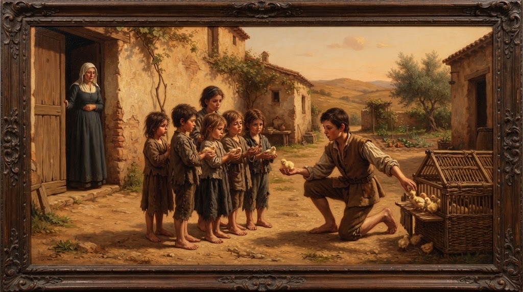 El niño Tomás de Villanueva reparte pollitos de un gallinero entre seis niños pobres, mientras su madre observa desde la puerta, en estilo de pintura española del siglo XIX