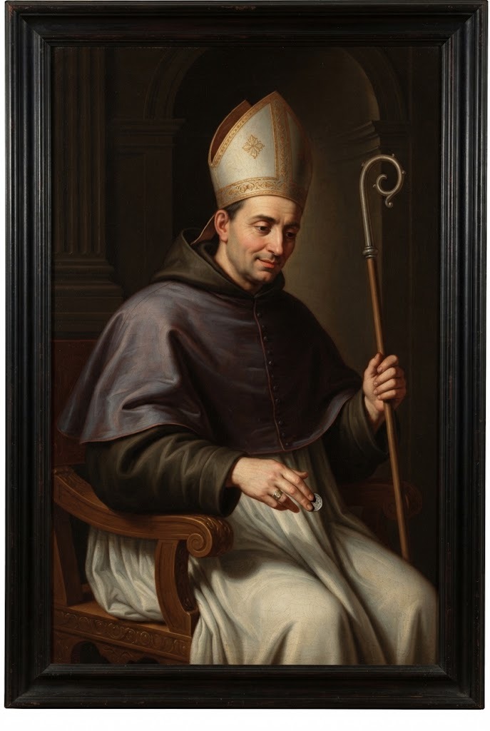 Santo Tomás de Villanueva, arzobispo agustino, sentado con mitra y báculo, sosteniendo una moneda para dar limosna, en estilo de pintura renacentista española