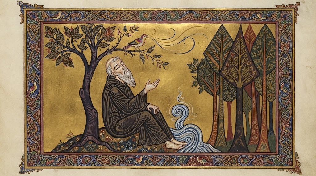 El abad Virila sentado junto a una fuente en el bosque, absorto escuchando el canto de un pájaro posado en un árbol, en estilo de miniatura iluminada altomedieval