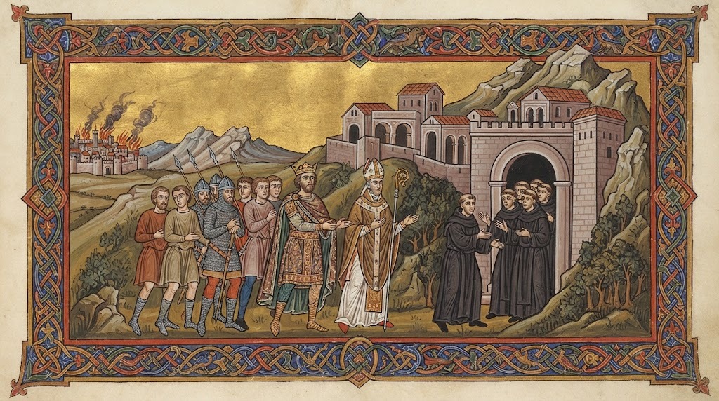El rey de Pamplona y el obispo, huyendo con su séquito, llegan a la puerta del monasterio de Leyre mientras al fondo arde una ciudad, en estilo de miniatura iluminada altomedieval