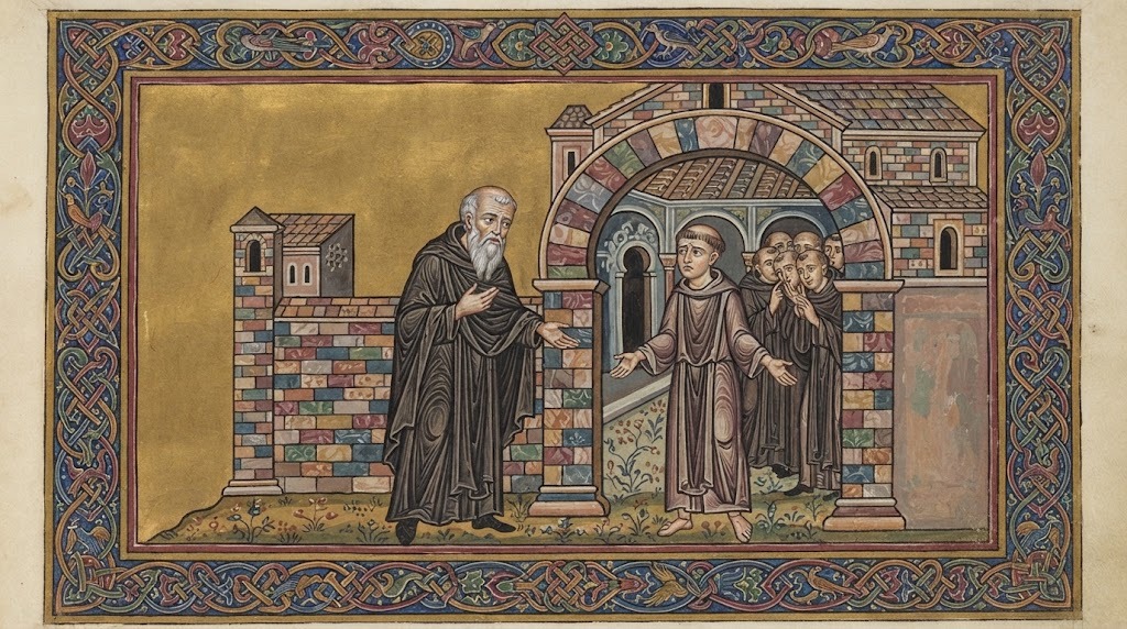 El abad Virila, de pie ante la puerta del monasterio, es recibido con desconcierto por un joven monje portero que no lo reconoce, en estilo de miniatura iluminada altomedieval