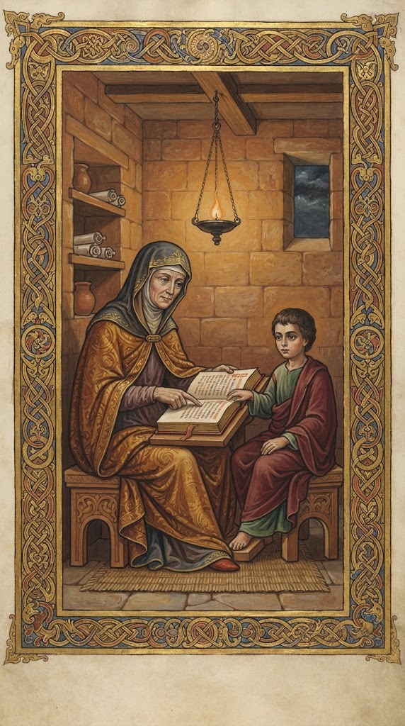 Santa Ludmila enseñando a leer las Escrituras al joven Wenceslao en una estancia de piedra