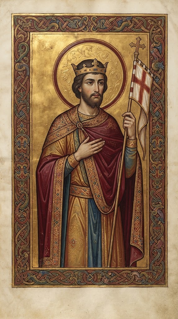 San Wenceslao de Bohemia, duque joven con corona ducal, sosteniendo un estandarte con cruz